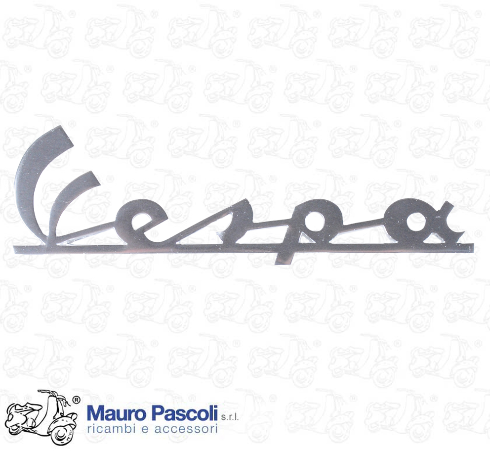 Targhetta scritta Vespa  - alluminio anodizzato,interasse 2 perni mm 106,5.