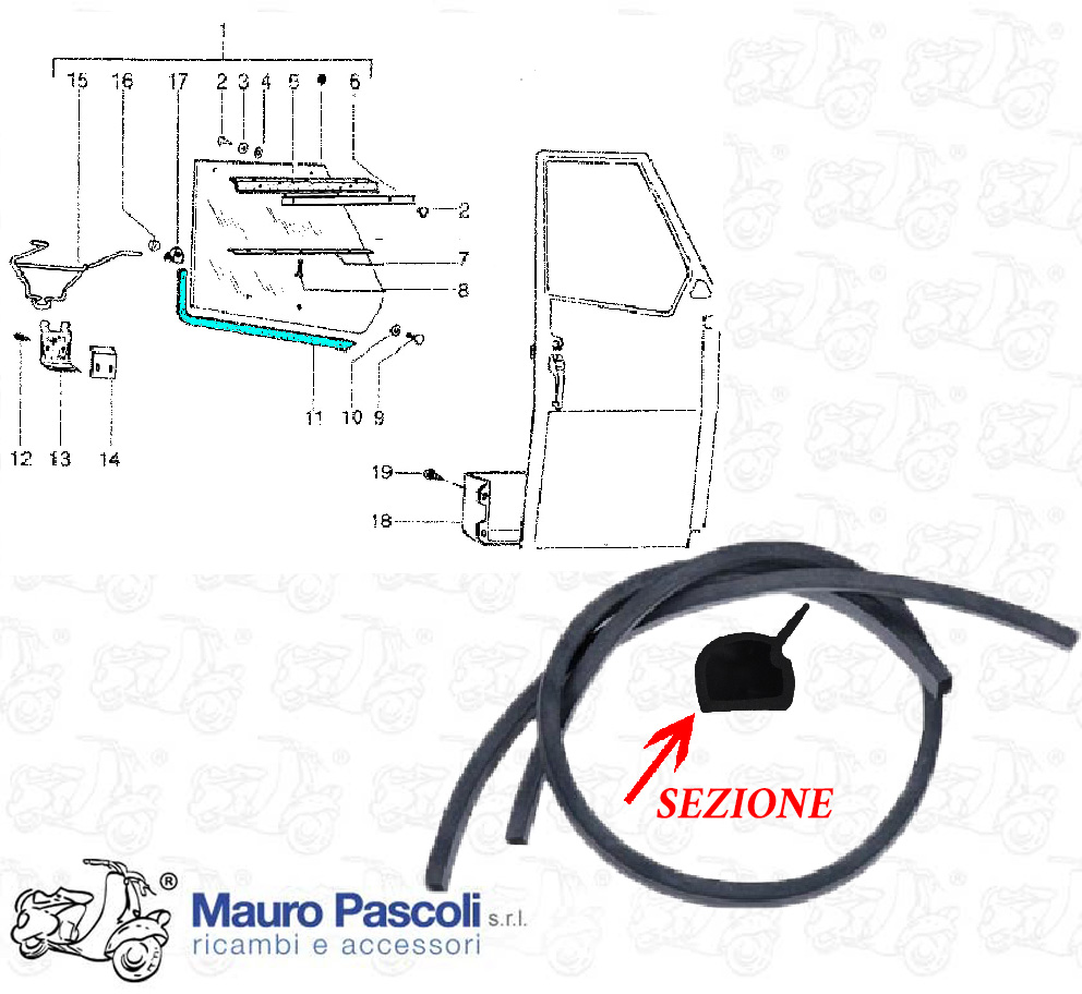 Kit of 2 black rubber seals 1.35 meters for door glass Ape 50