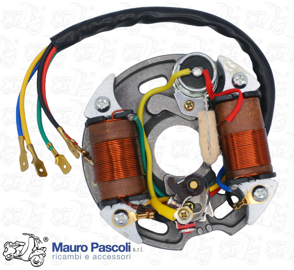 Statore bobine,luce 6v. 25w,stop,alimentaz. bobina a. t esterna.vespa 50