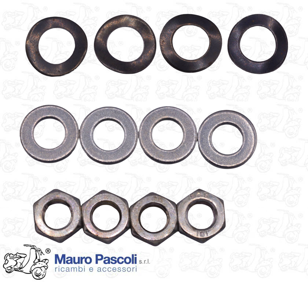 Kit 4 dadi ,rondelle piane e ondulate,per bloccaggio testata,vespa - ape